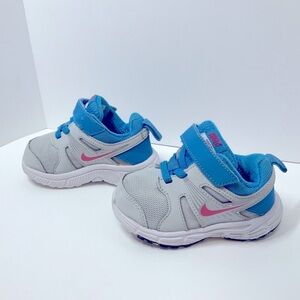 Nike Dart 10 Sneaker Shoe Toddler 5C Gray Blue Swoosh Logo Hook And Loop Strap